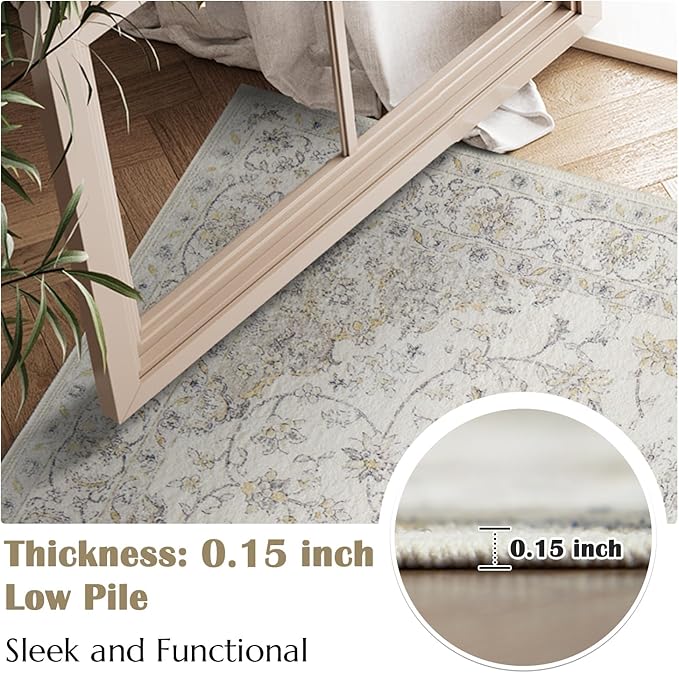 jinchan 8x10 Area Rugs Machine Washable Rug for Living Room - Stain Resistant Vintage Floral Medallion Ultra-Thin Low Pile Non-Slip Indoor Carpet for Bedroom Dining Room Kitchen (8x10ft,Grey)