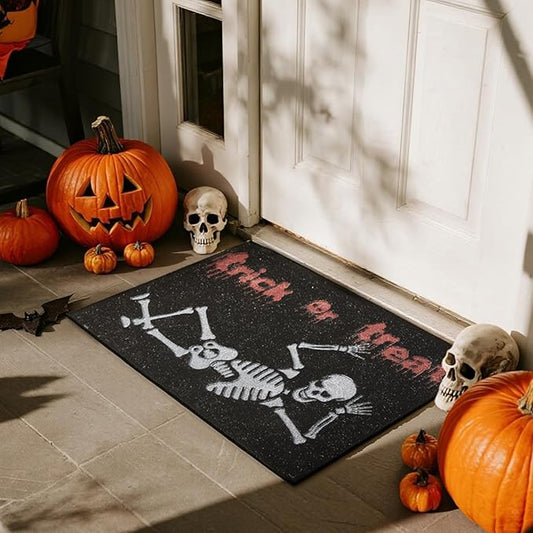 Halloween Door Mat, Halloween Doormat Outdoor Front Door Entrance Absorbent Entry Mat with Non Slip Backing, 24''x36'', Skeleton Black