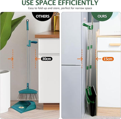 Broom and Dustpan Set with Long Handle, Light Weight Stainless Steel Poles Stand Upright Dustpans with Broom Combo for Home Kitchen Office Pet Dog Hair, 1-Pack(Black Green)