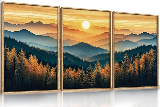 Large Boho Sunrise Mountain Framed Canvas Wall Art,Abstract Nature Forest Wall Decor,Foggy Pine Tree Wall Painting,Retro Landscape Artwork for Living Room,Bedroom,Dining Room,Office -24"x36"x3