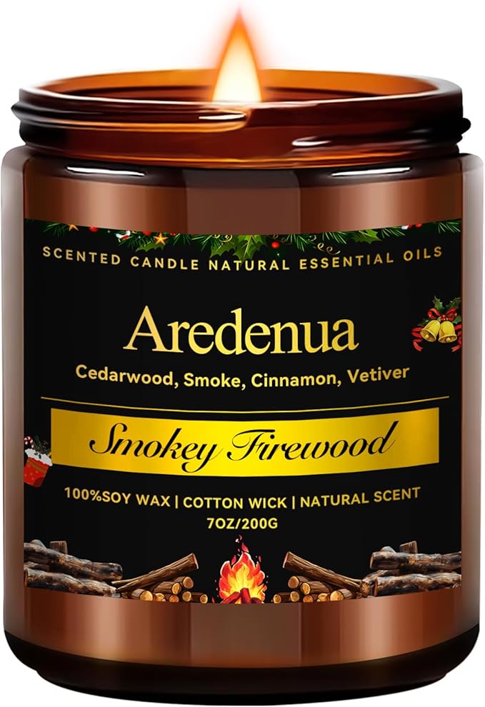 Firewood Scented Candles | Smokey Wooden Scented Candles - 7 oz Soy Candle with Warm Wood Smoke Aroma, Woody Scented Ideal for Cozy Cabin, Holiday Gifts for Men & Women