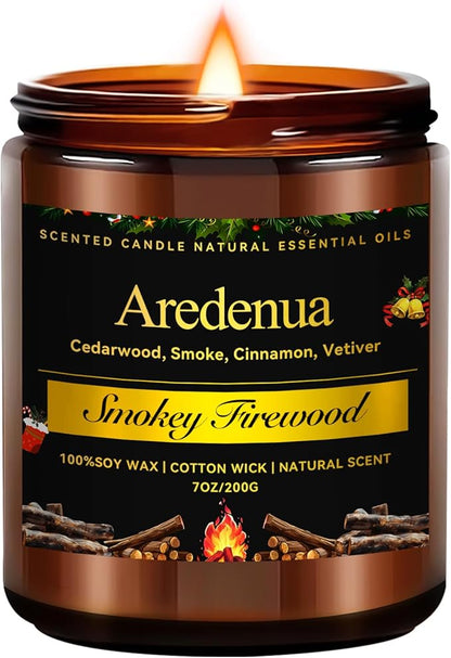 Firewood Scented Candles | Smokey Wooden Scented Candles - 7 oz Soy Candle with Warm Wood Smoke Aroma, Woody Scented Ideal for Cozy Cabin, Holiday Gifts for Men & Women