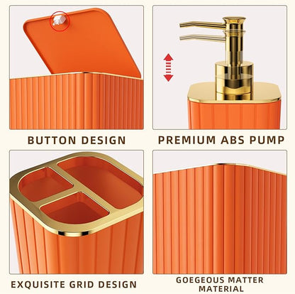 Bathroom Accessories Set - 25PC Bathroom Sets with Shower Curtain and Rugs, Orange Bathroom Accessories with Trash Can, Soap Dispenser, Soap Dish & Toilet Brush