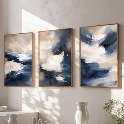 HLNIUC Blue Beige Abstract Wall Art Set of 3(24x36), Navy Brush Stroke Modern Art Decor, Earth Tone Minimalist Shape Framed Painting, Rust Dusty Neutral Prints for Living Room, Bedroom, Office
