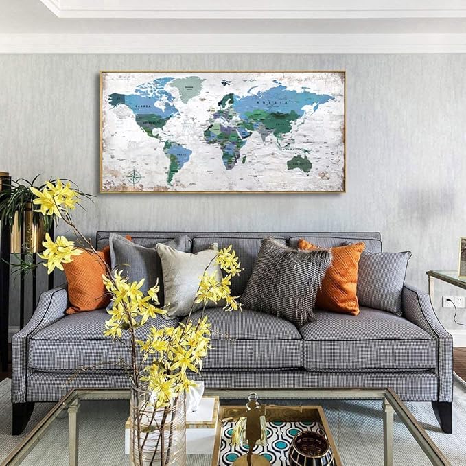 Framed Wall Art World Map Wall Art Canvas Picture 30inchx60inch Large Blue Map of The World Canvas Painting Artwork Prints for Office Wall Decor Home Living Room Decorations Framed Ready to Hang
