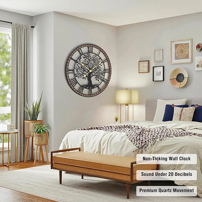 Micasso Non-Ticking Oversize Wall Clock: 38Inch Tree of Life Metal with Solid Wood Frame - Silent Battery Operated Clock for Living Room/Fireplace/High-Ceiling - Home Decor for Homemakers