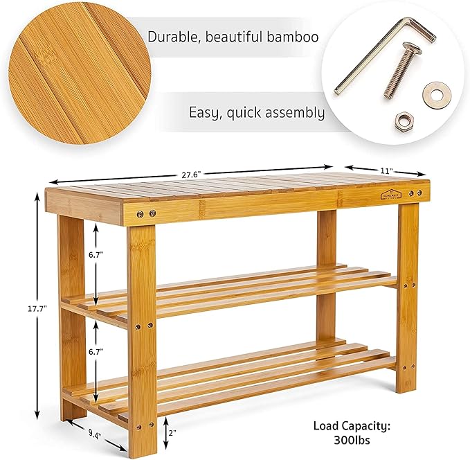 Homemaid Living Bamboo 3 Tier Shoe Rack Bench, Premium Organizer or Entryway Bench, Perfect for Shoe Cubby, Entry Bench, Bathroom Bench, Entryway Organizer, Hallway or Living Room(Natural Bamboo)