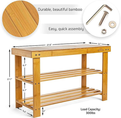 Homemaid Living Bamboo 3 Tier Shoe Rack Bench, Premium Organizer or Entryway Bench, Perfect for Shoe Cubby, Entry Bench, Bathroom Bench, Entryway Organizer, Hallway or Living Room(Natural Bamboo)