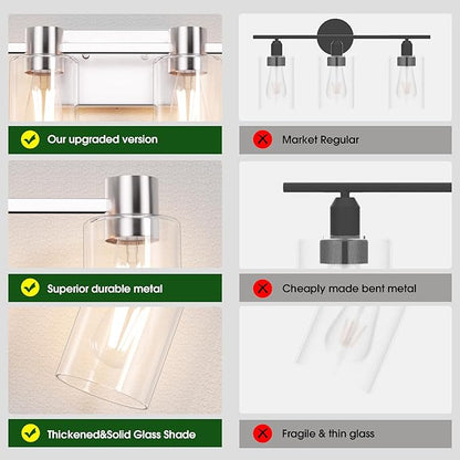 4-Light Modern Vanity Light Fixtures Over Mirror, Brushed Nickel Bathroom Light Fixtures, Vanity Lights, Wall Sconce with Clear Glass Shade for Bathroom, E26 Base