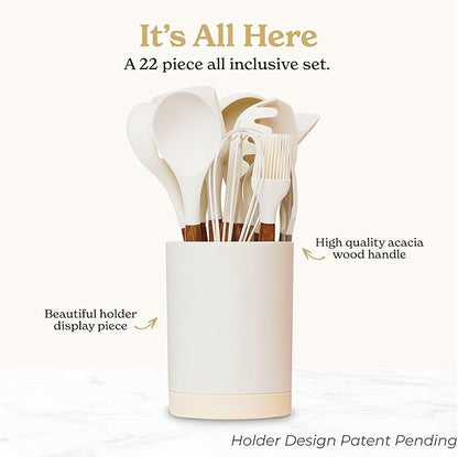 Silicone Kitchen Utensils Set & Holder: Cooking Utensils Set - Kitchen Essentials for New Home & 1st Apartment- Silicone Spatula Set, Cooking Spoons for Nonstick Cookware (Acacia Wood, Cream White)