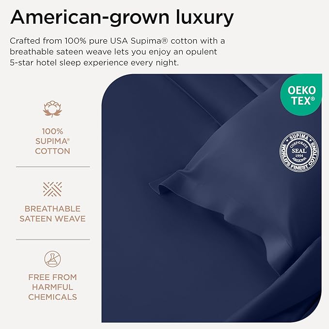 Threadmill Luxury Full Size Supima Cotton Sheets, 1200 Thread Count, 5-Star Hotel Quality 4 Piece Bed Sheets with Extra Deep Pocket, Folkstone Blue