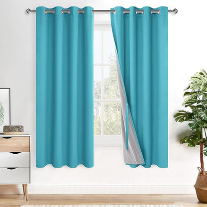 XWZO 100% Blackout Curtain Panels - Thermal Insulated Black Liner Curtains, Noise Reducing and Heat Blocking Drapes for Hall and Studio Windows with Tiebacks, Turquoise, W52 x L63, Set of 2