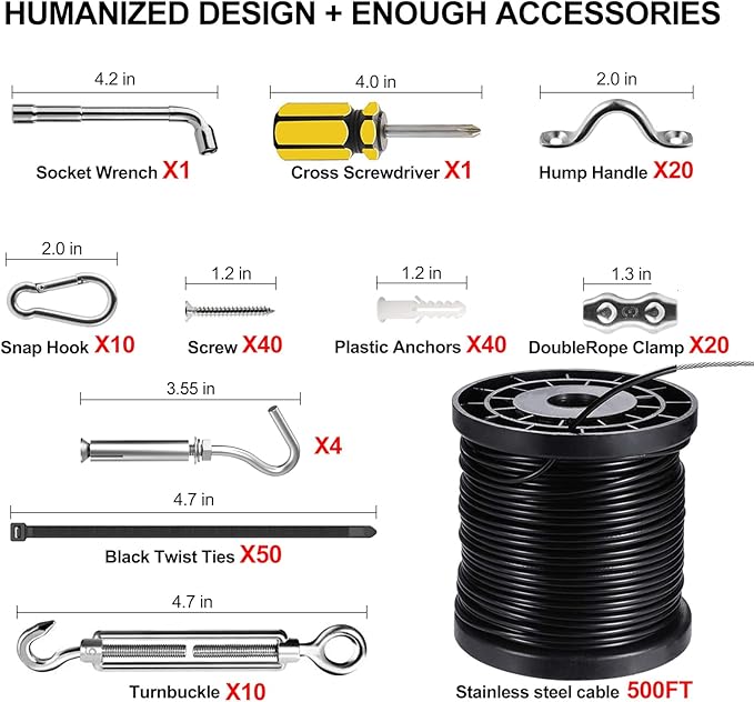 BLIKA String Light Hanging Kits, 500FT Coated Stainless Steel 304 Wire Rope, Outdoor Light Guide Wire, Globe String Light Suspension Kit Included Turnbuckles, Enough Accessories, Use Manual