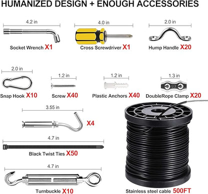 BLIKA String Light Hanging Kits, 500FT Coated Stainless Steel 304 Wire Rope, Outdoor Light Guide Wire, Globe String Light Suspension Kit Included Turnbuckles, Enough Accessories, Use Manual