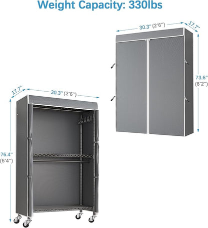 VIPEK R2C Medium Rolling Garment Rack with Cover Heavy Duty Clothes Rack Adjustable Clothing Rack for Hanging Clothes Portable Closets with Double Rods, Wardrobe on Wheels, Black Rack with Grey Cover