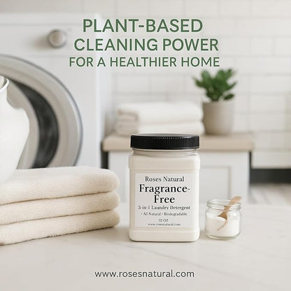 Fragrance Free 3-in-1 Laundry Powder Detergent – Plant-Based, Hypoallergenic, No Added Fragrance or Dyes, Safe for Sensitive Skin, Biodegradable & HE Machine Safe, 32 oz