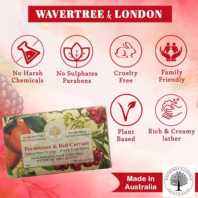 Wavertree & London Persimmon & Red Currant Scented Natural Soap (8 Bars), 7oz Moisturizing French Triple Milled Soap Bars enriched with shea butter - Pure Plant Oil Bath & Body Bars for All Skin Types
