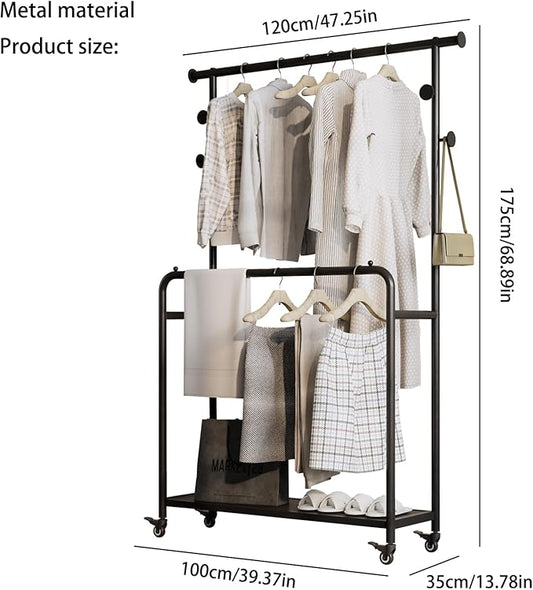 Sturdy Metal Double Rods Clothes Rack With Wheels, Rolling Clothing Rack With Shelves & Hooks, Heavy Duty Garment Racks for Hanging Clothes, Multi-Functional Closet Rack for Bedroom