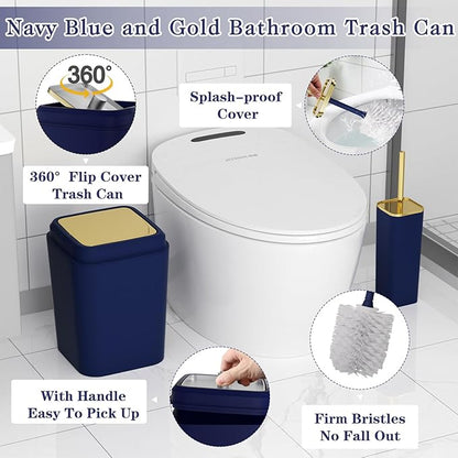 Navy Blue Bathroom Accessories Set, Blue and Gold Bathroom Accessories with Trash Can, Soap Dispenser, Soap Dish, Toothbrush Holder and Q-tip Holders