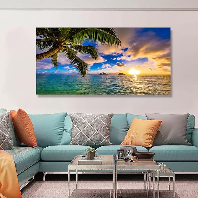 Seascape Sunset Pictures Canvas Wall Art For Living Room Bedroom Wall Decor,Palm Wall Art Print Paitnings For Home Decor,Morden Artwork Coconut Tree Canvas Art Waterproof Ready To Hang-24x48 Inches