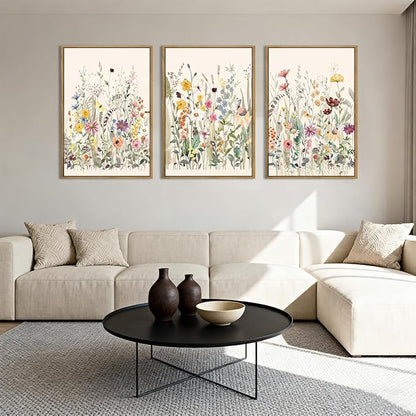 BINCUE Wildflower Wall Art Large Floral Wall Painting Neutral Print Pictures Decor for Living Room Bedroom Bathroom 3 Panel 36x24 Inches