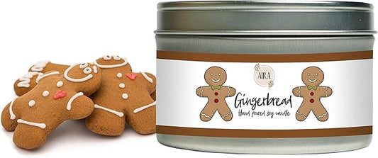 Aira Holiday Soy Candles - Organic, Kosher, Vegan, Tin Candle w/Therapeutic Grade Essential Oil Blends - Hand-Poured 100% Soy Candle Wax - Paraffin Free, Burns 60+ Hours - Gingerbread - 8 Ounces
