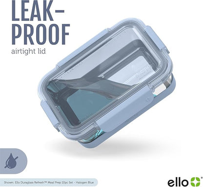 Ello Duraglass 3.4 Cup Meal Prep Sets 10Pc, 5 Pack Set- Glass Food Storage Container with Silicone Boot and Airtight BPA-Free Plastic Lids, Dishwasher, Microwave, and Freezer Safe, Halogen Blue