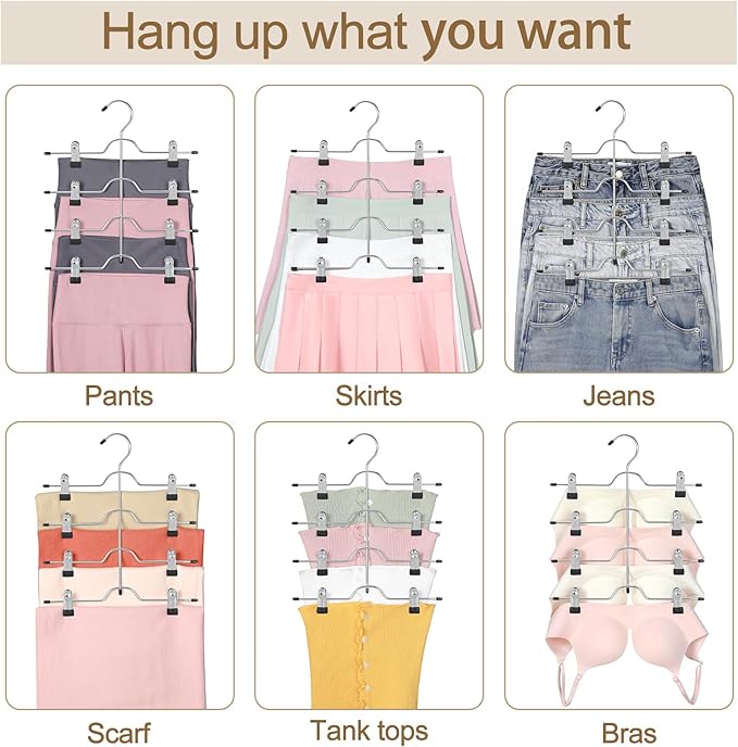 TOPIA HANGER 4 Tier Metal Skirt Hangers for Women, Pants Hanger Space Saving with Adjustable Clips, Gain 70% More Space, Non Slip Grip for Slacks, Trousers, Shorts, Jeans, Towels, Black, 2-Pack, CT20B