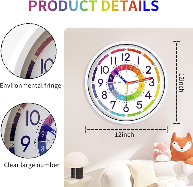Time Teaching Clock 12 Inch Silent Wall Clock for Kids Learning Time, Silent Non-Ticking Quartz Decorative Wall Clock for Teacher's Classrooms Or Children's Bedrooms