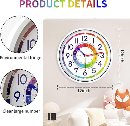 Time Teaching Clock 12 Inch Silent Wall Clock for Kids Learning Time, Silent Non-Ticking Quartz Decorative Wall Clock for Teacher's Classrooms Or Children's Bedrooms