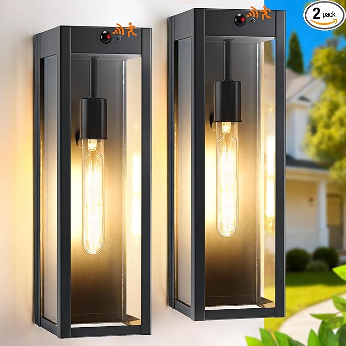 15.3" Large Motion Sensor Exterior Wall Light Sconces 2-Pack, Waterproof Dusk to Dawn Black Exterior Lighting Fixtures Wall Mount with 3 Lighting Modes, Outdoor Porch Coach Lights for Garage House