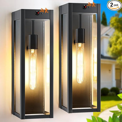 15.3" Large Motion Sensor Exterior Wall Light Sconces 2-Pack, Waterproof Dusk to Dawn Black Exterior Lighting Fixtures Wall Mount with 3 Lighting Modes, Outdoor Porch Coach Lights for Garage House
