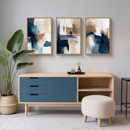 Large Abstract Brush Stroke Framed Canvas Wall Art,Modern Pastel Wall Decor,Neutral Navy Blue Art Prints, Minimalist Watercolor Brown Artwork for Living Room,Bedroom,Dining Room-16"x24"x3