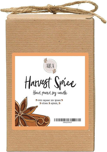 Aira Soy Candles - Organic, Kosher, Vegan, in Farmhouse Jar w/Essential Oils - Hand-Poured 100% Soy Candle - Double Wick, Paraffin Free, Burns 150+ Hours - Fall Candle - Harvest Spice - 20 Ounces