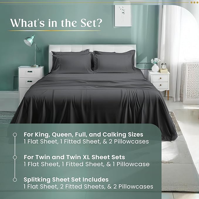 100% Cotton Sheets California King Size Sheets Set with Fitted Sheet & Pillowcase Sets, 800 TC Sateen Weave 4 PC Deep Pocket Cal King Sheet Set, Soft & Comfy Naturally Cool Luxury Bedding - Charcoal