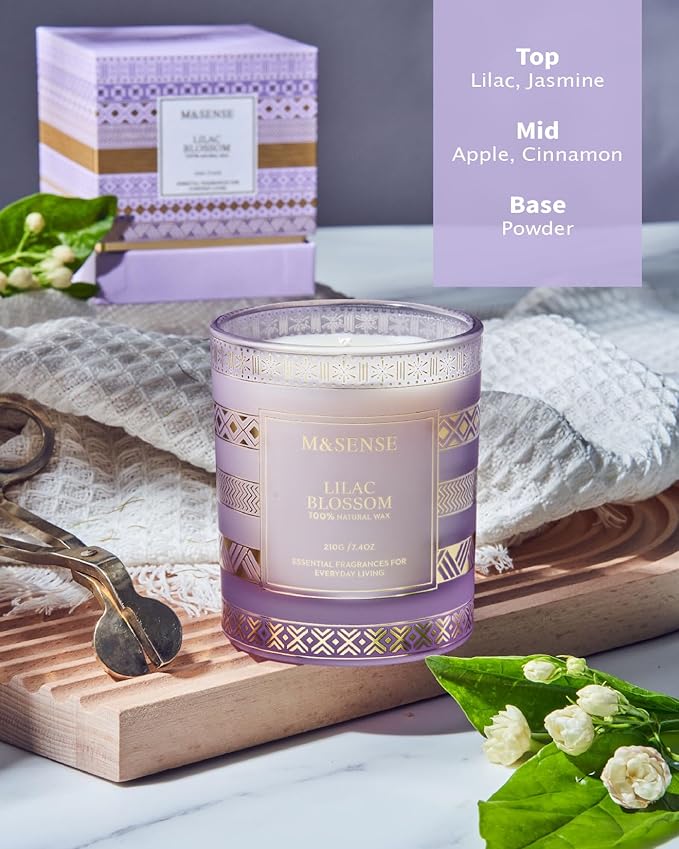 M&SENSE Lilac Blossom Soy Candles for Home Scented, 7.4oz 45 Hour Long Burning, Winter Aromatherapy Candle for Spa Meditation Yoga, Housewarming New Year Gifts for Her