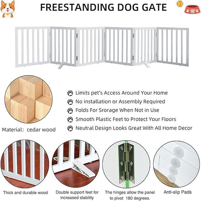 Dog Gate Indoor, Freestanding Dog Fence for The House, Doorways, Hallways,or Stairs,Pet Gate Foldable Wooden,Expandable 32" Height 6 Panels,White