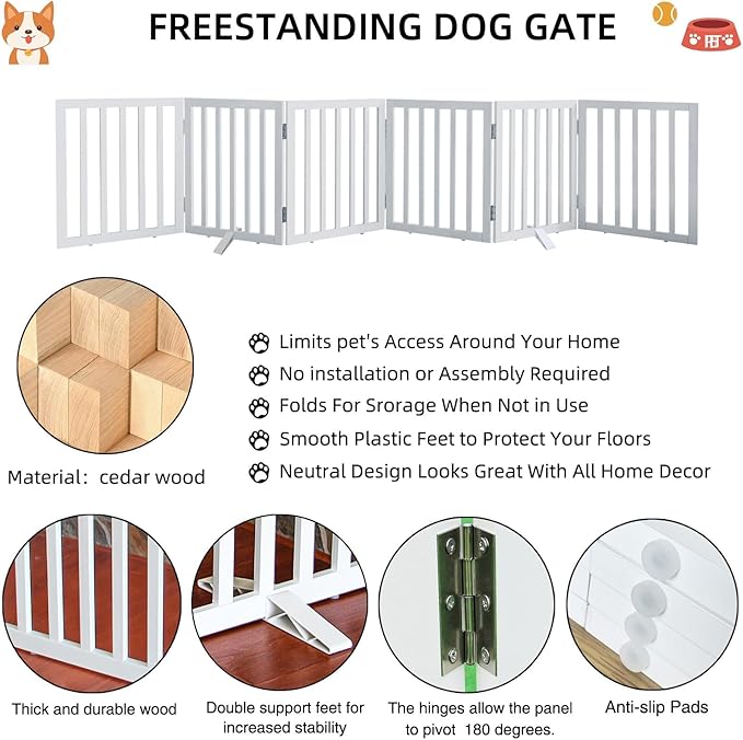 Foldable Indoor Dog Gate for The House Freestanding Stairs Nature Wooden White Pet Gate for Doorway Puppy Gate for Dogs Expandable Dog Fence for Stairs or Hallways 24"" Height 6 Panels