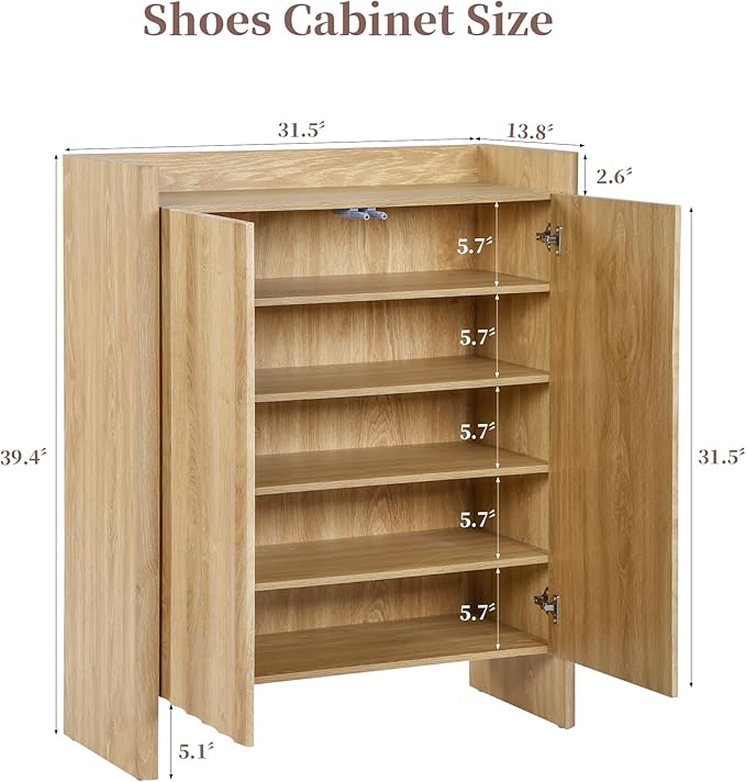 Fluted Shoe Cabinet, 5-Tier Shoe Storage Cabinet with Doors,Freestanding Hidden Shoe Cabinet Organizer, Narrow Shoes Storage Rack for Entryway (Natural)