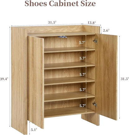 Fluted Shoe Cabinet, 5-Tier Shoe Storage Cabinet with Doors,Freestanding Hidden Shoe Cabinet Organizer, Narrow Shoes Storage Rack for Entryway (Natural)