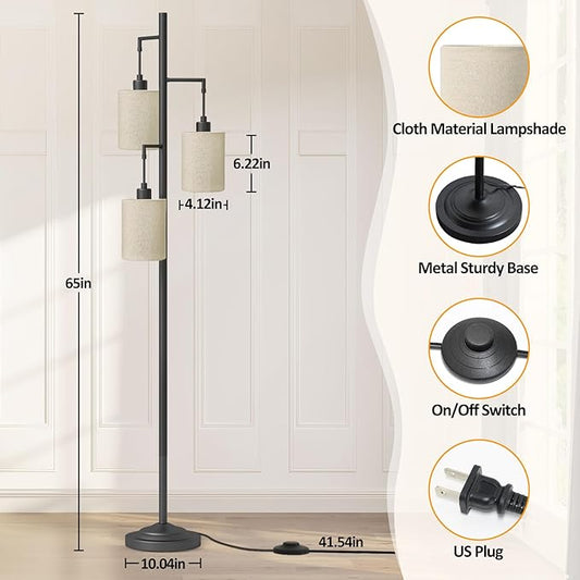 3 Lights Boho Floor Lamps with ON/Off Foot Switch Tree Standing Lamp with Hanging Lampshades Farmhouse Floor Lamp Tall Pole Lamp for Living Room Bedroom Office, 3 PCS 6W Bulbs Included