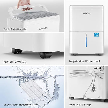 Waykar 2000 Sq. Ft. Energy Star 2025 Dehumidifier for Basement & Home,Adjusts from 15% RH With Drain Hose, Ultra Quiet 35 dB for Bedroom & Bathroom