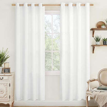 LAMIT White Linen Curtains 80 inches Long for Living Room, Faux Linen Light Filtering Curtains Grommet Privacy Neutral Window Treatments for Bedroom, 2 Panels, W52 x L80