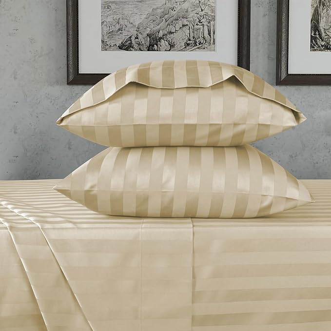 URBANHUT 800 Thread Count Egyptian Cotton Damask Striped King Size Sheets Set (4 Pc) - Ultra Soft & Smooth, Sateen Weave King Size Sheets, Luxury Hotel Sheets with 16" Deep Pocket - Sand