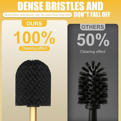 BESy Toilet Brush and Holder, Toilet Cleaner Bowl Set with Two Brush with Extra Long Handle, Durable Bristles Toilet Scrubber and Covered Holder, Drip-Proof Stainless Steel Brushed Gold