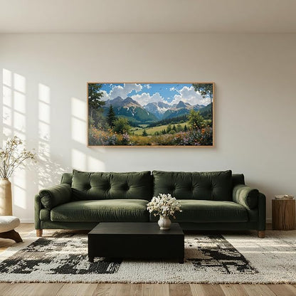 HLNIUC Green Forest Mountain Landscape horizontal Wall Art Framed, Colorful Wildflower Nature Decor(20x40), Blue Sky White Cloud Canvas Painting, Woodland Tree Print for Living Room, Bedroom, Office