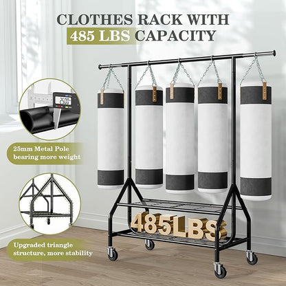 Clothes Rack with 2 Shelves, Heavy Duty Garment Rack Load 450 LBS, Standing Rolling Metal Hanging Clothes with Sturdy Wheels & Shelves