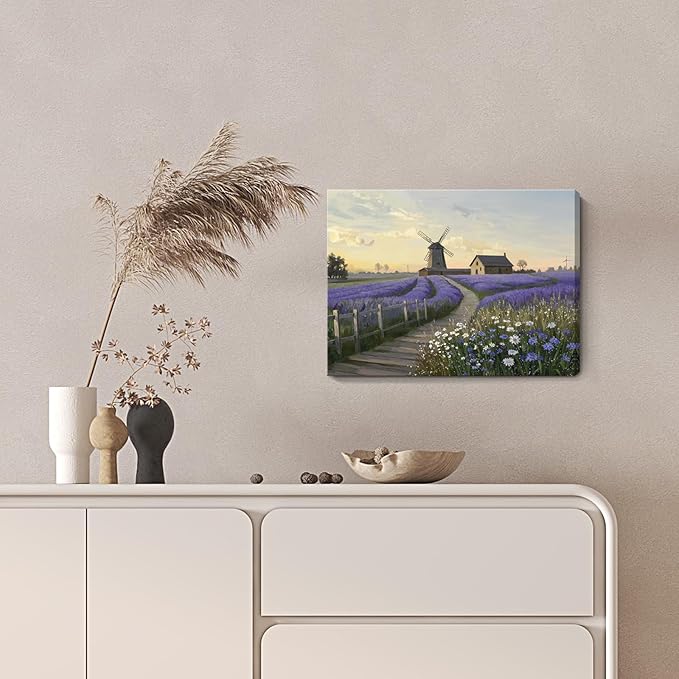 amatop Purple Canvas Wall Art for Bathroom Bedroom Farmhouse Lavender Floral Art Print Countryside Landscape Picture Daisy Flowers Small Nature Scenic Rustic Artwork Entryway Hallway 16x12 In