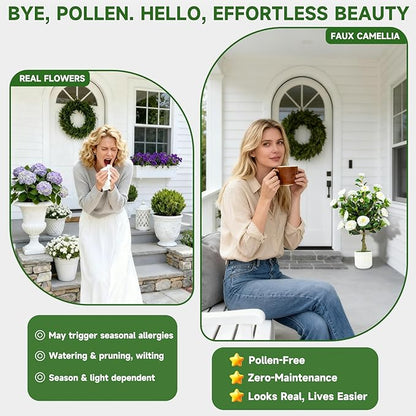 32'' Artificial Camellia Tree Outdoor Set of 2 Realistic Camellia Plant Indoor with Planters and Spikes for Wedding Front Porch Patio Office Living Room Home Decor