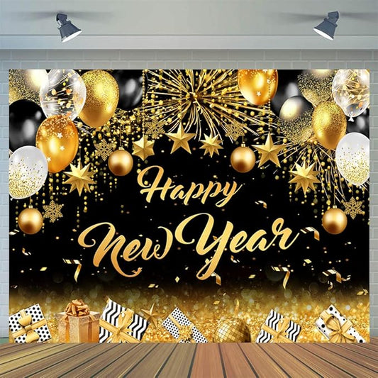 CYLYH 8X6FT 2026 New Year Backdrop Black and Gold Background New Year Holiday Party Banner